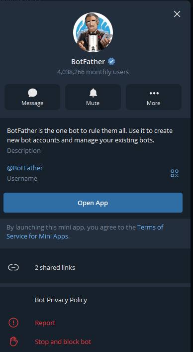 BotFather 建立機器人對話截圖